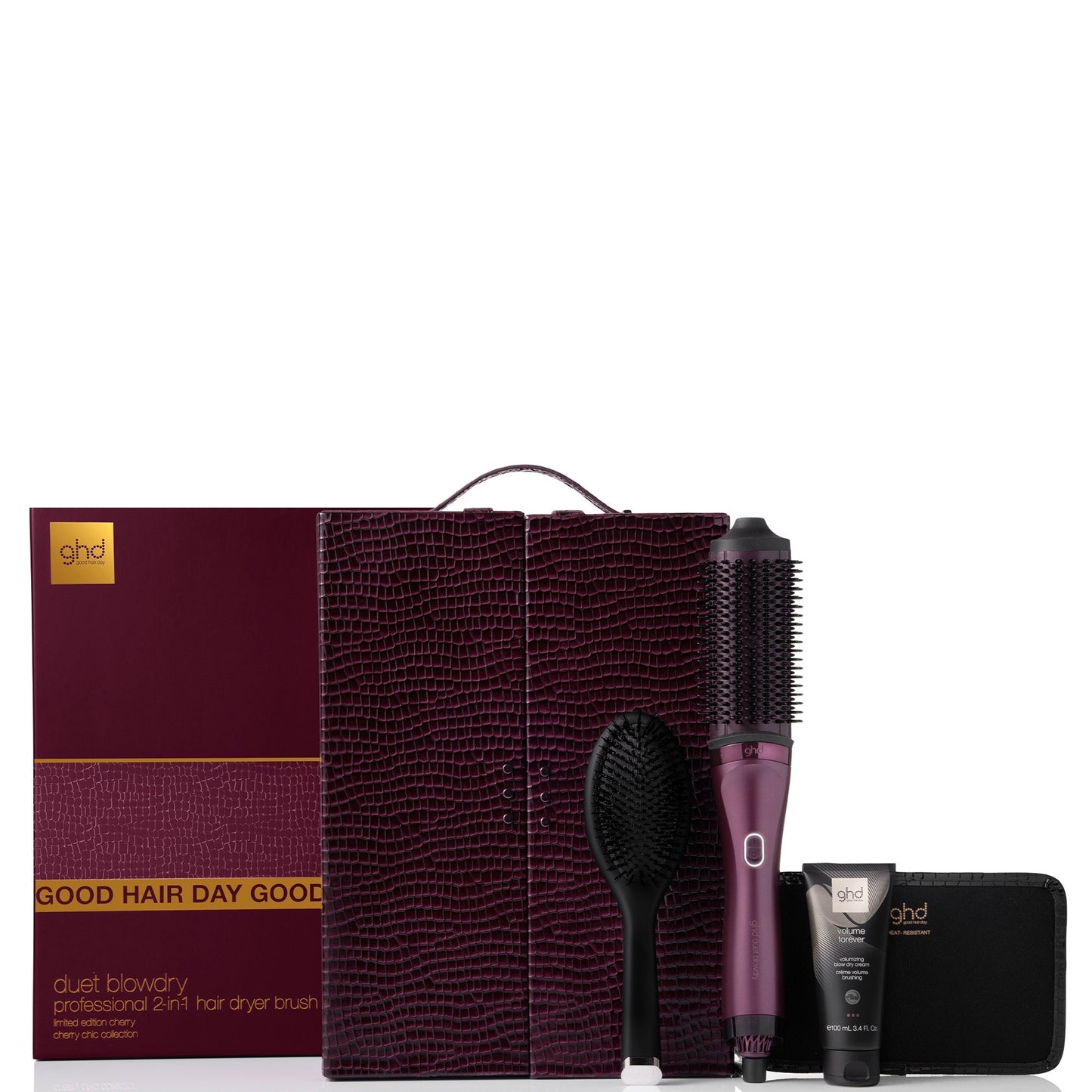 ghd Duet Blowdry in Cherry with Volume Forever and dressing brush