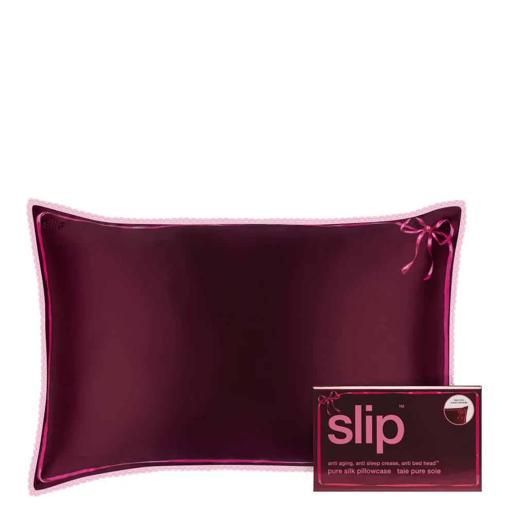 slip pure silk queen pillowcase with lace trim - crimson kiss