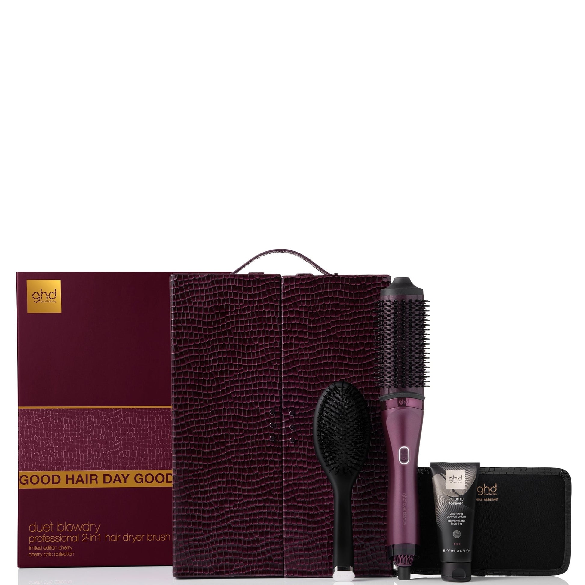 ghd Duet Blowdry in Cherry with Volume Forever and dressing brush