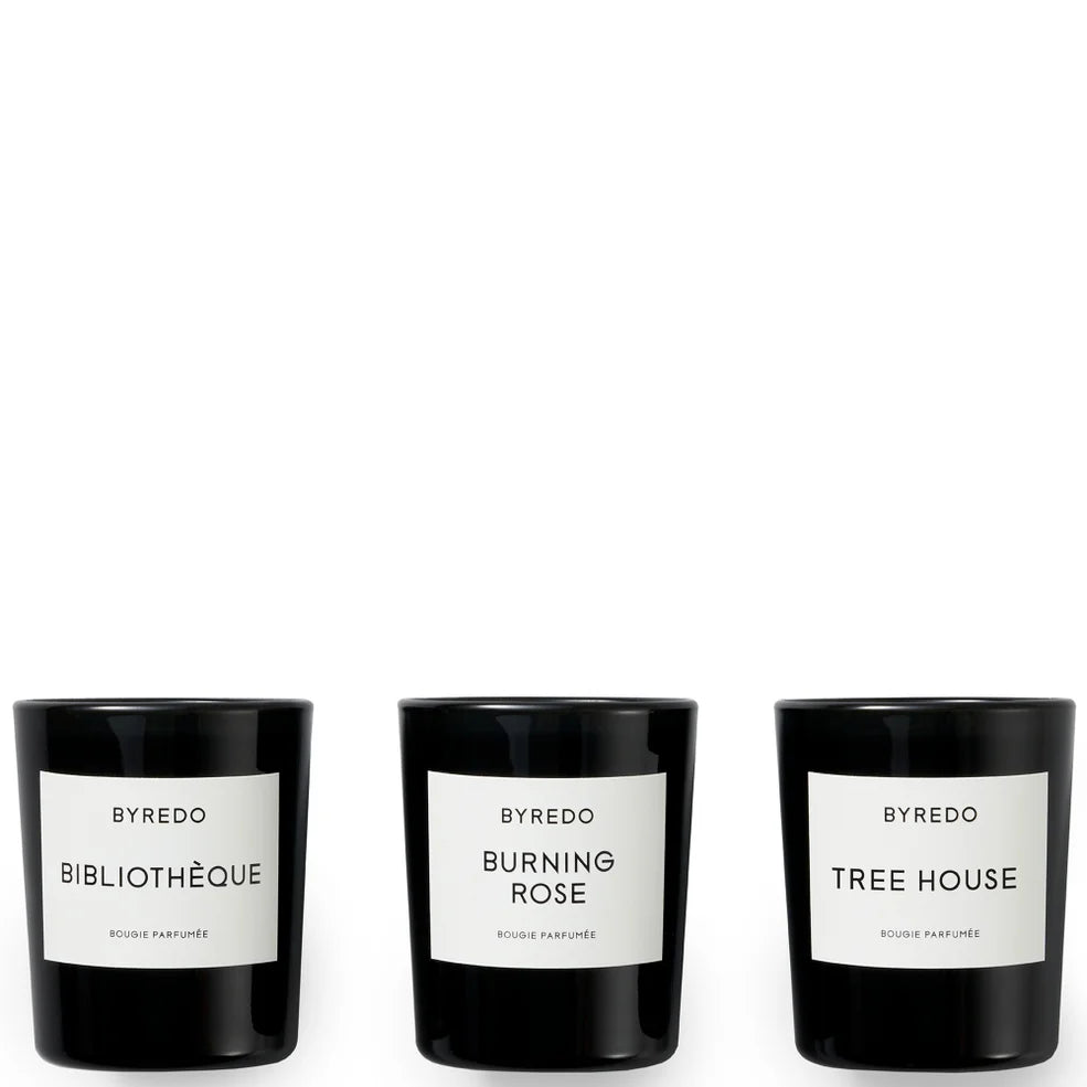 BYREDO La Mini Sélection - 70g Fragranced Candles Gift Set Bibliothèque, Burning Rose, Tree House
