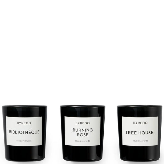 BYREDO La Mini Sélection - 70g Fragranced Candles Gift Set Bibliothèque, Burning Rose, Tree House